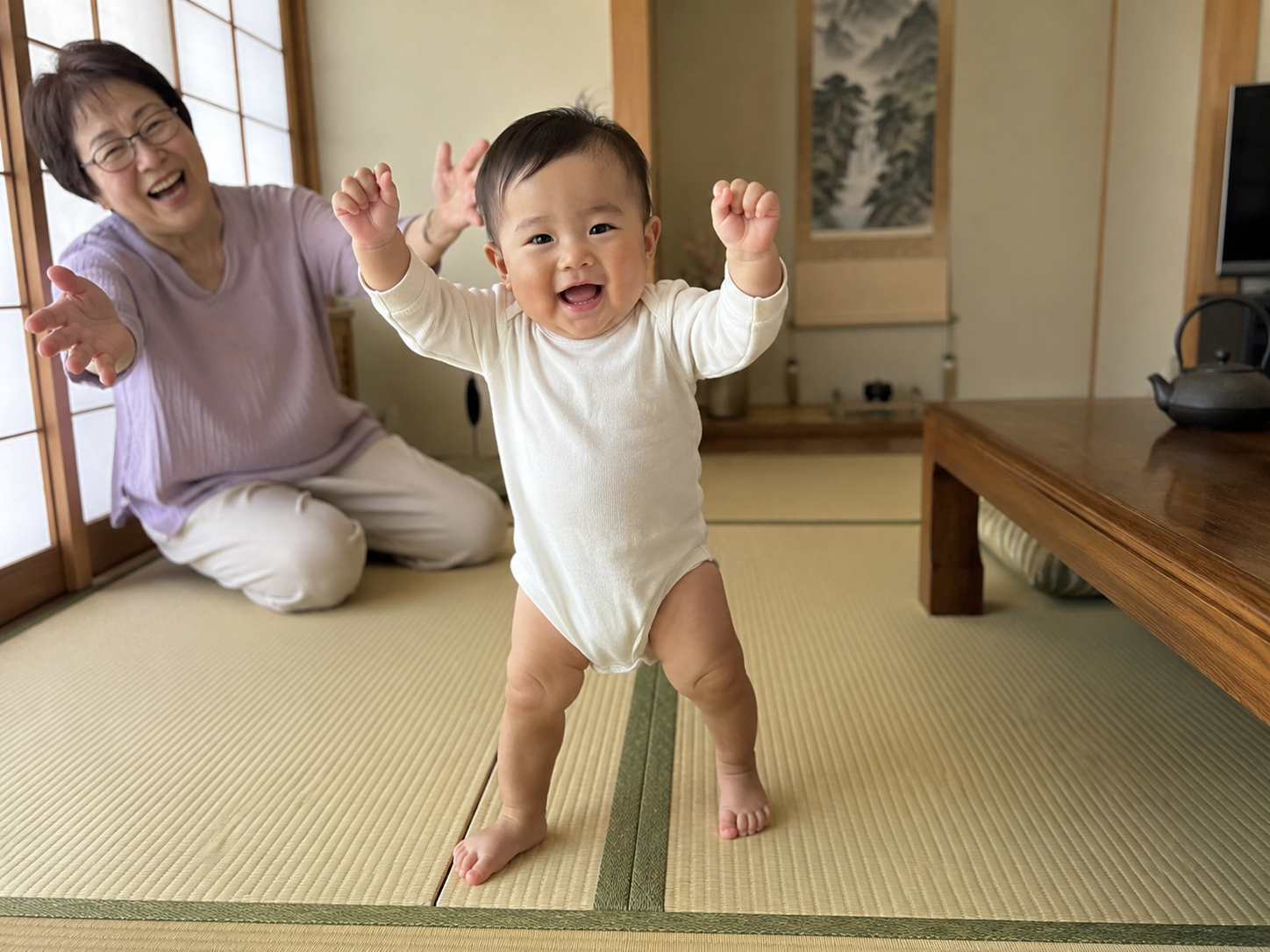 畳の上で、はじめて立った孫の写真